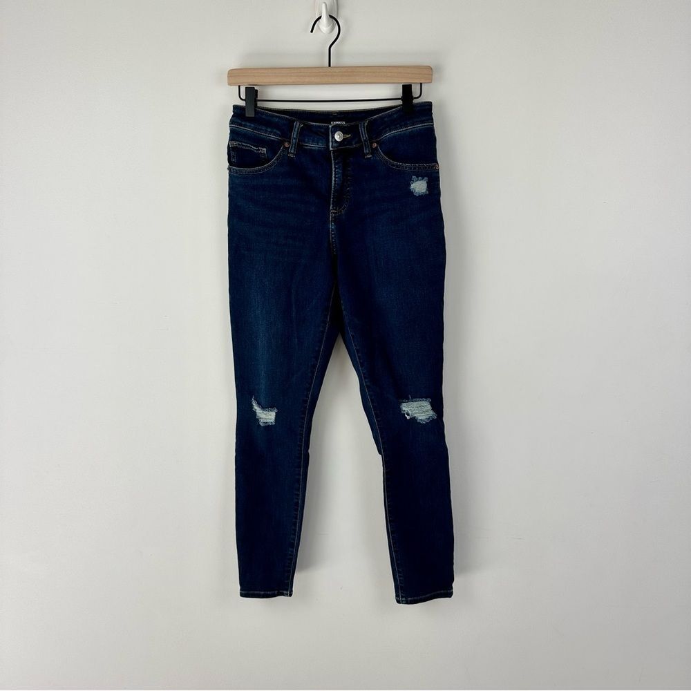 Express Mid Rise Dark Wash Ripped Curvy Skinny Jeans, 6R